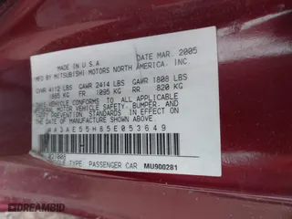 2005 Mitsubishi Eclipse GT with VIN 4A3AE55H85E053649, listed as a IAAI auction lot 41483462 with 1 mi miles. Bid and sale history available at carsss.com. Image 9.