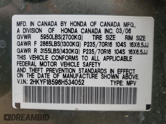 2006 Honda Pilot EX-L with VIN 2HKYF18596H534052, listed as a Copart auction lot 50204455 with 177,881 mi miles and Salvage Title. Bid and sale history available at DreamBid. Image 16.