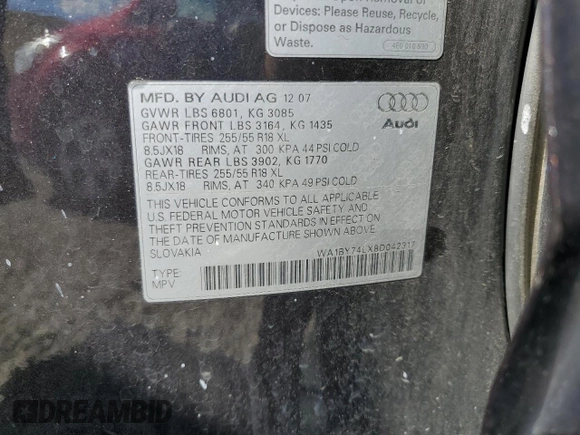 2008 Audi Q7 Premium с VIN WA1BY74LX8D042317, выставлен на аукционе Copart как лот 63675685 с пробегом 179 754 миль миль и Чистый • Clean title. История ставок и продаж доступна на DreamBid. Изображение 13.