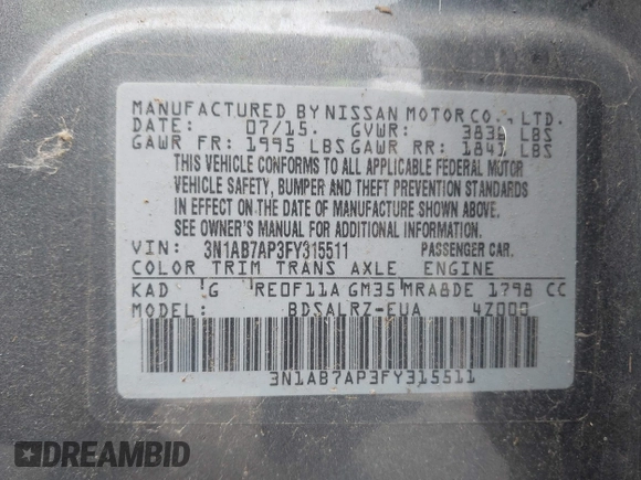 2015 Nissan Sentra SV with VIN 3N1AB7AP3FY315511, listed as a IAAI auction lot 42020350 with Not Provided miles and . Bid and sale history available at DreamBid. Image 9.