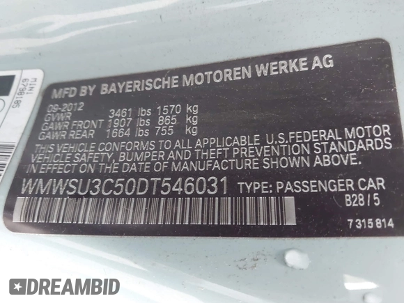 2013 MINI Hardtop with VIN WMWSU3C50DT546031, listed as a IAAI auction lot 42542290 with 119,711 mi miles and . Bid and sale history available at DreamBid. Image 9.