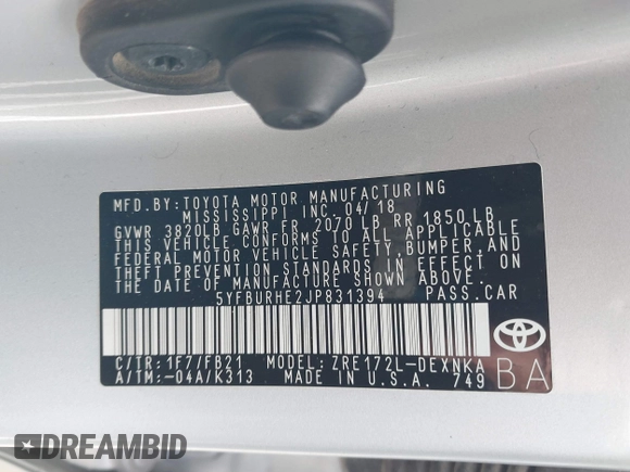 2018 Toyota Corolla L z VIN 5YFBURHE2JP831394, wystawiony jako IAAI lot #41689172 z przebiegiem 74 985 mil mil oraz . Historia ofert i sprzedaży dostępna na DreamBid. Obrazek 8.
