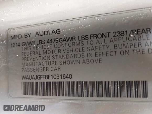 2015 Audi A3 Premium with VIN WAUAJGFF8F1091640, listed as a IAAI auction lot 42023197 with 112,656 mi miles and . Bid and sale history available at DreamBid. Image 9.