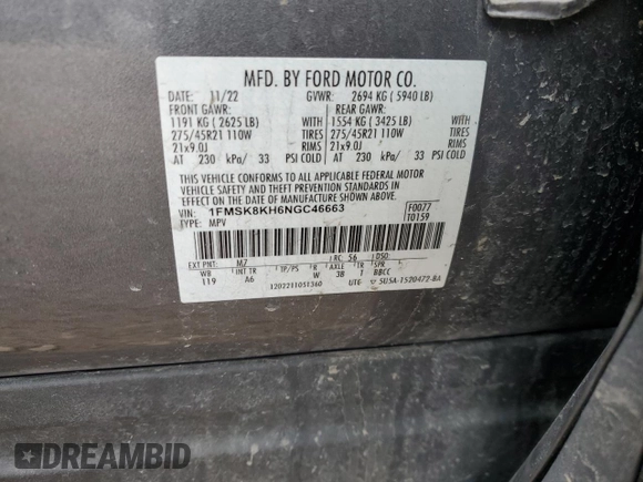 2022 Ford Explorer ST-Line with VIN 1FMSK8KH6NGC46663, listed as a Copart auction lot 46060605 with 41,304 mi miles and Salvage Title. Bid and sale history available at carsss.com. Image 14.