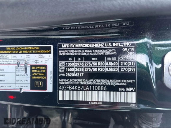 2020 Mercedes-Benz GLE 350 with VIN 4JGFB4KB7LA110886, listed as a IAAI auction lot 42451606 with 83,289 mi miles and . Bid and sale history available at DreamBid. Image 9.