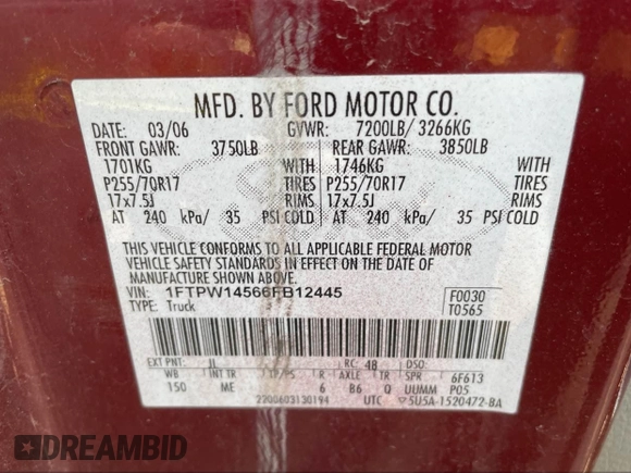 2006 Ford F-150 XLT with VIN 1FTPW14566FB12445, listed as a IAAI auction lot 42081245 with 209,417 mi miles. Bid and sale history available at carsss.com. Image 9.