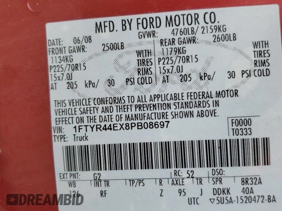 2008 Ford Ranger XLT with VIN 1FTYR44EX8PB08697, listed as a Copart auction lot 49638265 with 38,675 mi miles and Salvage title. Bid and sale history available at DreamBid. Image 14.