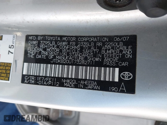 2007 Toyota Prius with VIN JTDKB20U173282711, listed as a IAAI auction lot 41397781 with 0 mi miles. Bid and sale history available at carsss.com. Image 9.