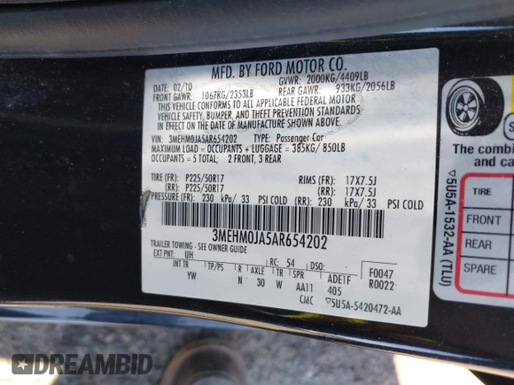 2010 Mercury Milan Premier with VIN 3MEHM0JA5AR654202, listed as a IAAI auction lot 42673191 with 90,423 mi miles and . Bid and sale history available at DreamBid. Image 9.