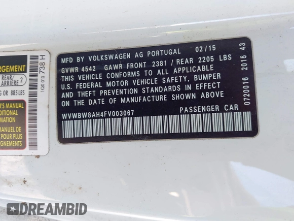 2015 Volkswagen Eos Komfort with VIN WVWBW8AH4FV003067, listed as a IAAI auction lot 41186314 with Not Provided miles and . Bid and sale history available at DreamBid. Image 9.
