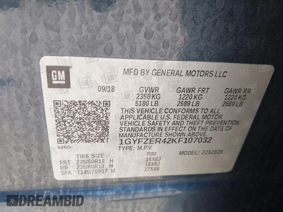2019 Cadillac XT4 FWD Sport with VIN 1GYFZER42KF107032, listed as a IAAI auction lot 42193557 with 96,615 mi miles and . Bid and sale history available at DreamBid. Image 9.