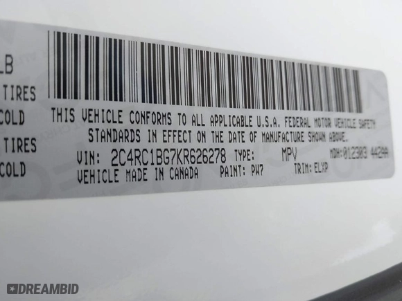2019 Chrysler Pacifica Touring L with VIN 2C4RC1BG7KR626278, listed as a IAAI auction lot 41498136 with 124,843 mi miles. Bid and sale history available at carsss.com. Image 9.