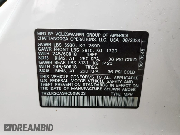 2024 Volkswagen Atlas SE с VIN 1V2LR2CA3RC508623, выставлен на аукционе Copart как лот 51422935 с пробегом 16 382 миль миль и Списание • Salvage title. История ставок и продаж доступна на DreamBid. Изображение 15.