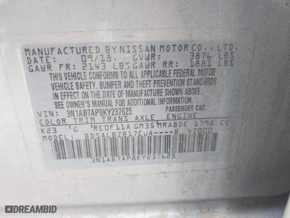 2019 Nissan Sentra SV with VIN 3N1AB7AP8KY237625, listed as a IAAI auction lot 41777580 with 75,775 mi miles. Bid and sale history available at carsss.com. Image 9.