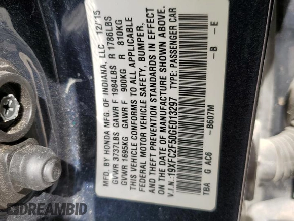 2016 Honda Civic Sedan LX with VIN 19XFC2F50GE013297, listed as a Copart auction lot 53420095 with 82,702 mi miles and Salvage Title. Bid and sale history available at carsss.com. Image 14.