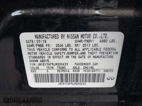 2020 Infiniti Q50 EDITION 30 with VIN JN1EV7AP5LM200433, listed as a IAAI auction lot 41867159 with 78,341 mi miles. Bid and sale history available at carsss.com. Image 9.