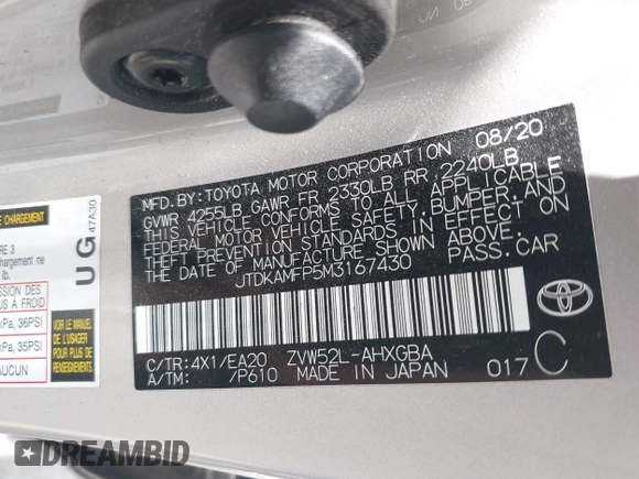 2021 Toyota Prius LE with VIN JTDKAMFP5M3167430, listed as a IAAI auction lot 42462853 with 70,492 mi miles and . Bid and sale history available at DreamBid. Image 9.