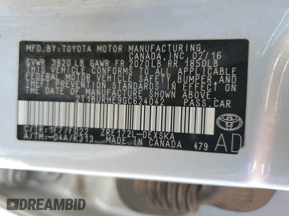 2016 Toyota Corolla L with VIN 2T1BURHE9GC624042, listed as a Copart auction lot 52193695 with 141,048 mi miles and Salvage title. Bid and sale history available at DreamBid. Image 12.