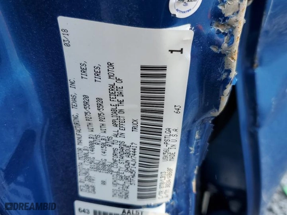 2018 Toyota Tundra 4WD SR5 with VIN 5TFHW5F14JX744417, listed as a Copart auction lot 44142785 with 69,783 mi miles and Salvage Title. Bid and sale history available at carsss.com. Image 14.