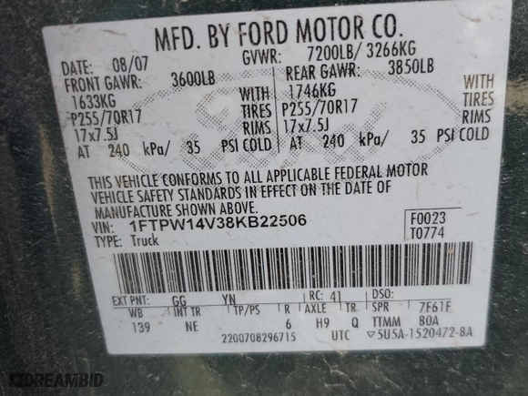 2008 Ford F-150 XLT with VIN 1FTPW14V38KB22506, listed as a Copart auction lot 48344405 with 206,874 mi miles and Salvage Title. Bid and sale history available at carsss.com. Image 14.