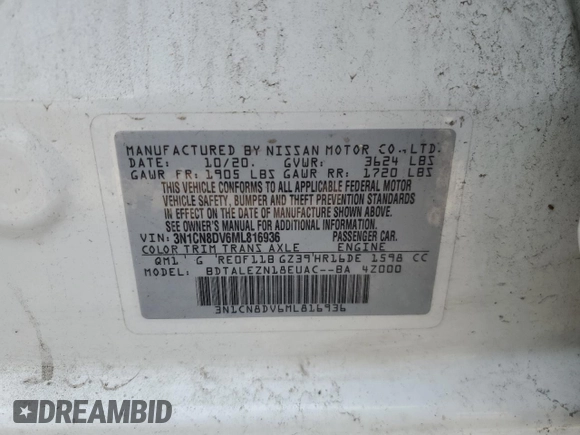 2021 Nissan Versa S with VIN 3N1CN8DV6ML816936, listed as a Copart auction lot 60513065 with 131,880 mi miles and Clean title. Bid and sale history available at DreamBid. Image 12.