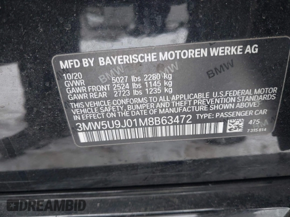 2021 BMW 3 Series M340i xDrive with VIN 3MW5U9J01M8B63472, listed as a IAAI auction lot 41425056 with 63,223 mi miles. Bid and sale history available at carsss.com. Image 9.