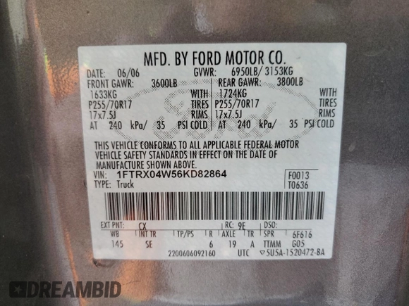 2006 Ford F-150 STX with VIN 1FTRX04W56KD82864, listed as a Copart auction lot 46181665 with 214,056 mi miles and Salvage Title. Bid and sale history available at carsss.com. Image 12.