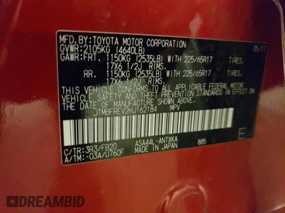 2017 Toyota RAV4 LE with VIN JTMBFREV2HJ162184, listed as a Copart auction lot 58483435 with 80,692 mi miles and Salvage title. Bid and sale history available at DreamBid. Image 13.