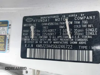 2016 Hyundai Tucson SE z VIN KM8J23A45GU246722, wystawiony jako IAAI lot #41522829 z przebiegiem 123 777 mil mil oraz . Historia ofert i sprzedaży dostępna na DreamBid. Obrazek 9.