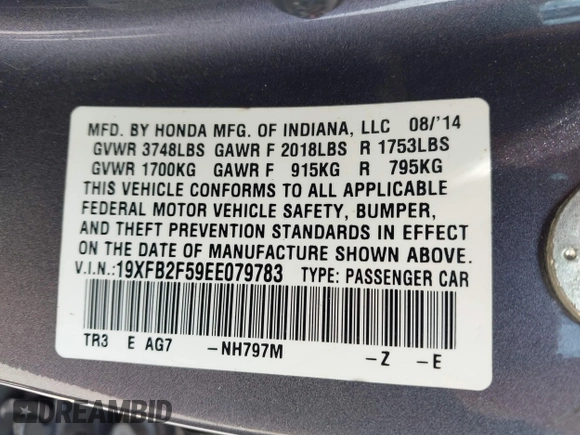 2014 Honda Civic Sedan LX with VIN 19XFB2F59EE079783, listed as a IAAI auction lot 42059609 with 179,922 mi miles. Bid and sale history available at carsss.com. Image 9.