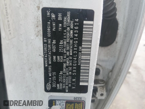 2017 Kia Optima EX with VIN 5XXGU4L3XHG143614, listed as a Copart auction lot 47607915 with 114,617 mi miles and Salvage title. Bid and sale history available at DreamBid. Image 14.