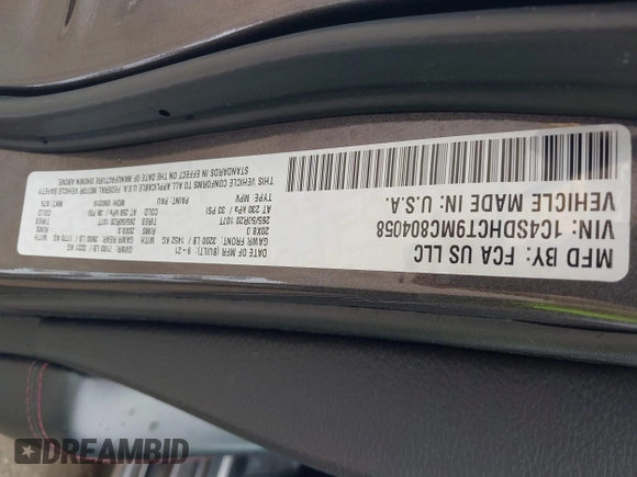 2021 Dodge Durango R/T with VIN 1C4SDHCT9MC804058, listed as a IAAI auction lot 41908193 with 106,395 mi miles and . Bid and sale history available at DreamBid. Image 9.