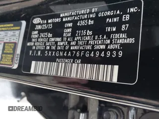 2015 Kia Optima EX with VIN 5XXGN4A76FG494939, listed as a IAAI auction lot 41480897 with 1 mi miles. Bid and sale history available at carsss.com. Image 9.