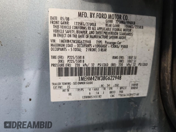 2008 Mercury Sable Premier with VIN 1MEHM42W38G622948, listed as a Copart auction lot 61863185 with 188,209 mi miles and Non repairable. Bid and sale history available at DreamBid. Image 12.
