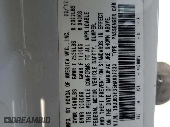 2017 Acura TLX V6 with VIN 19UUB2F35HA007333, listed as a Copart auction lot 59524645 with 171,887 mi miles and Salvage title. Bid and sale history available at DreamBid. Image 12.
