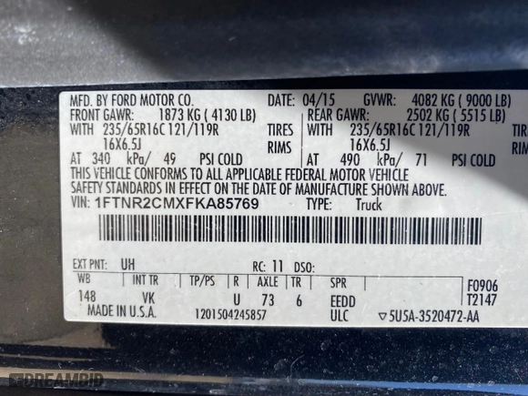 2015 Ford Transit Cargo Van with VIN 1FTNR2CMXFKA85769, listed as a Copart auction lot 53966365 with 147,051 mi miles and Clean Title. Bid and sale history available at carsss.com. Image 10.