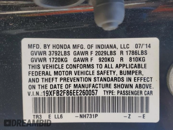 2014 Honda Civic Sedan EX with VIN 19XFB2F86EE260057, listed as a Copart auction lot 46156425 with 149,540 mi miles and Salvage Title. Bid and sale history available at carsss.com. Image 14.