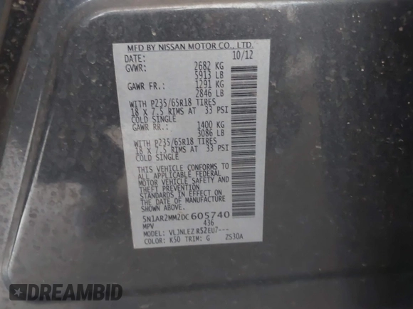2013 Nissan Pathfinder SL с VIN 5N1AR2MM2DC605740, выставлен на аукционе IAAI как лот 42577367 с пробегом 130 353 миль миль и . История ставок и продаж доступна на DreamBid. Изображение 9.