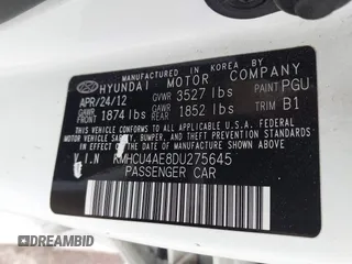 2013 Hyundai Accent GLS z VIN KMHCU4AE8DU275645, wystawiony jako IAAI lot #42139737 z przebiegiem 85 031 mil mil oraz . Historia ofert i sprzedaży dostępna na DreamBid. Obrazek 9.