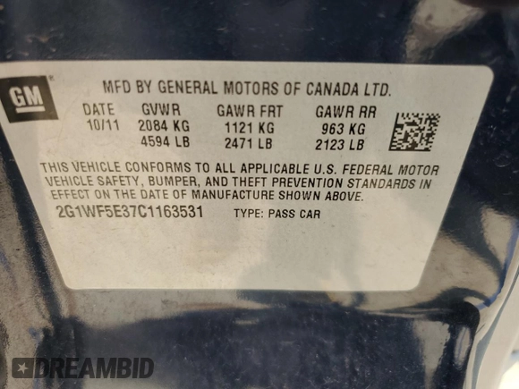2012 Chevrolet Impala LS Fleet with VIN 2G1WF5E37C1163531, listed as a Copart auction lot 60451155 with 115,087 mi miles and Salvage title. Bid and sale history available at DreamBid. Image 13.