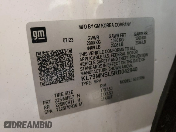 2024 Chevrolet TrailBlazer LS with VIN KL79MNSL5RB042940, listed as a Copart auction lot 53148685 with 23,294 mi miles and Salvage Title. Bid and sale history available at DreamBid. Image 12.