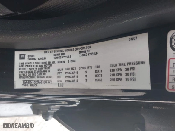 2007 Chevrolet Colorado LT w/2LT with VIN 1GCDS13E978191129, listed as a IAAI auction lot 41202188 with 206,835 mi miles. Bid and sale history available at carsss.com. Image 9.