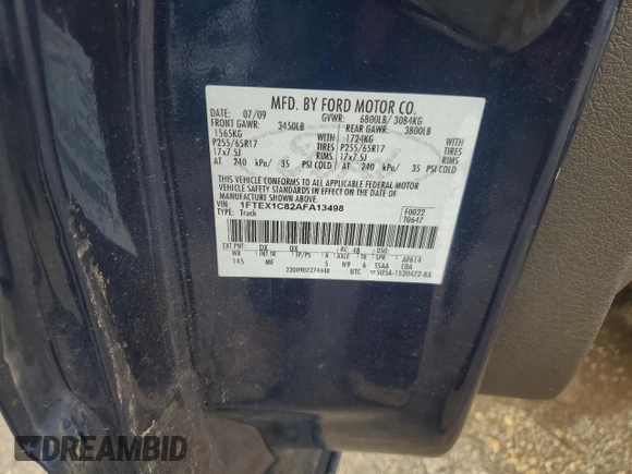 2010 Ford F-150 XL with VIN 1FTEX1C82AFA13498, listed as a Copart auction lot 59487255 with 125,410 mi miles and Salvage title. Bid and sale history available at DreamBid. Image 12.
