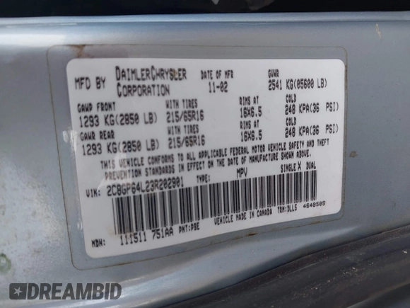 2003 Chrysler Town & Country Limited with VIN 2C8GP64L23R202901, listed as a IAAI auction lot 42078656 with 255,974 mi miles. Bid and sale history available at carsss.com. Image 9.