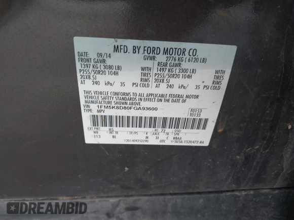 2015 Ford Explorer XLT with VIN 1FM5K8D80FGA93600, listed as a IAAI auction lot 41892821 with 207,028 mi miles and . Bid and sale history available at carsss.com. Image 9.