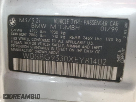 1999 BMW 3 Series M3 with VIN WBSBG9330XEY81402, listed as a Copart auction lot 87192194 with 215,226 mi miles and Salvage Title. Bid and sale history available at carsss.com. Image 12.