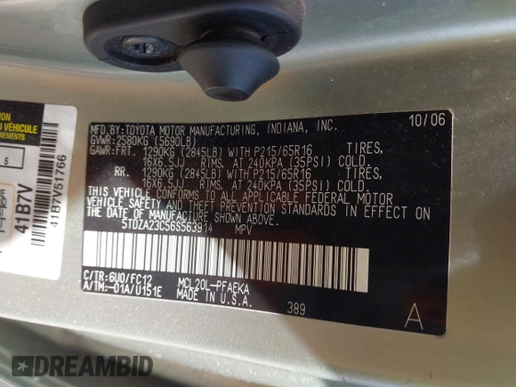 2006 Toyota Sienna CE with VIN 5TDZA23C56S563914, listed as a IAAI auction lot 42194324 with 313,885 mi miles and . Bid and sale history available at DreamBid. Image 9.