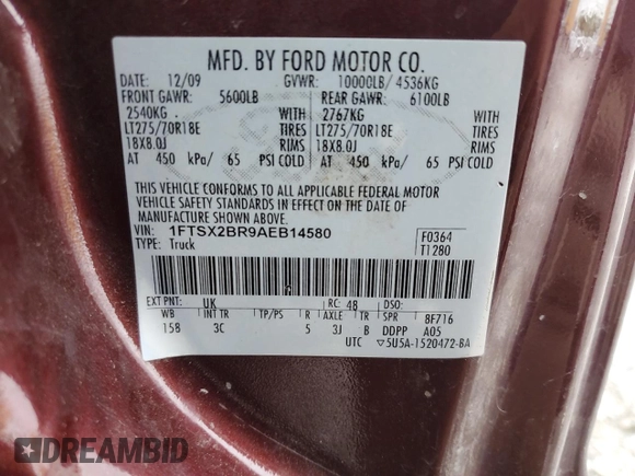 2010 Ford F-250 XL with VIN 1FTSX2BR9AEB14580, listed as a Copart auction lot 54435665 with 161,252 mi miles and Salvage title. Bid and sale history available at DreamBid. Image 12.