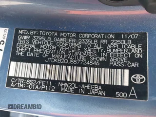 2008 Toyota Prius with VIN JTDKB20U887724846, listed as a IAAI auction lot 42062343 with 157,361 mi miles. Bid and sale history available at carsss.com. Image 9.