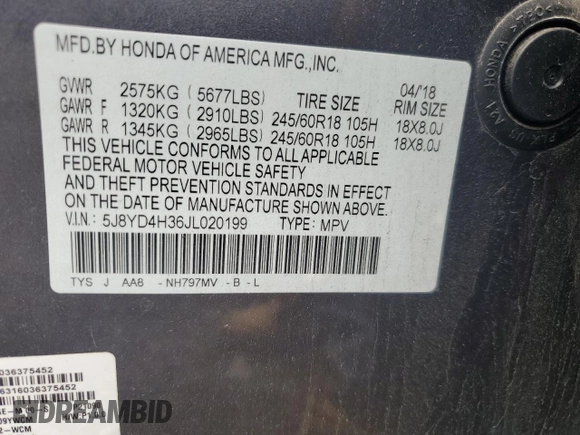 2018 Acura MDX with VIN 5J8YD4H36JL020199, listed as a Copart auction lot 58583595 with 112,602 mi miles and Salvage title. Bid and sale history available at DreamBid. Image 12.
